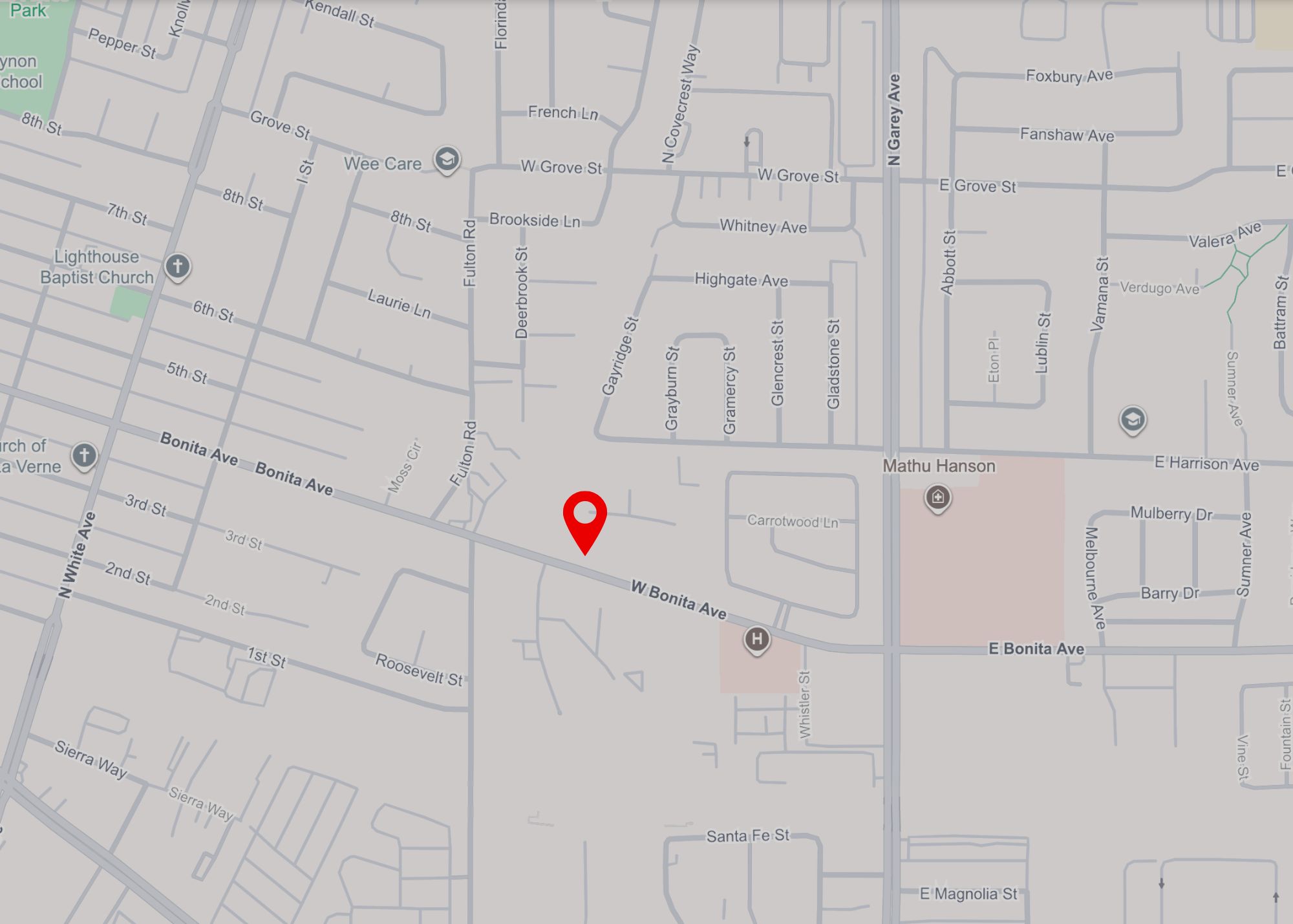 Aerial map of La Verne and Pomona with location icon marking the restaurant location.